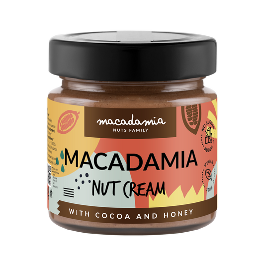Makadamijų riešutų kremas su kakava ir medumi